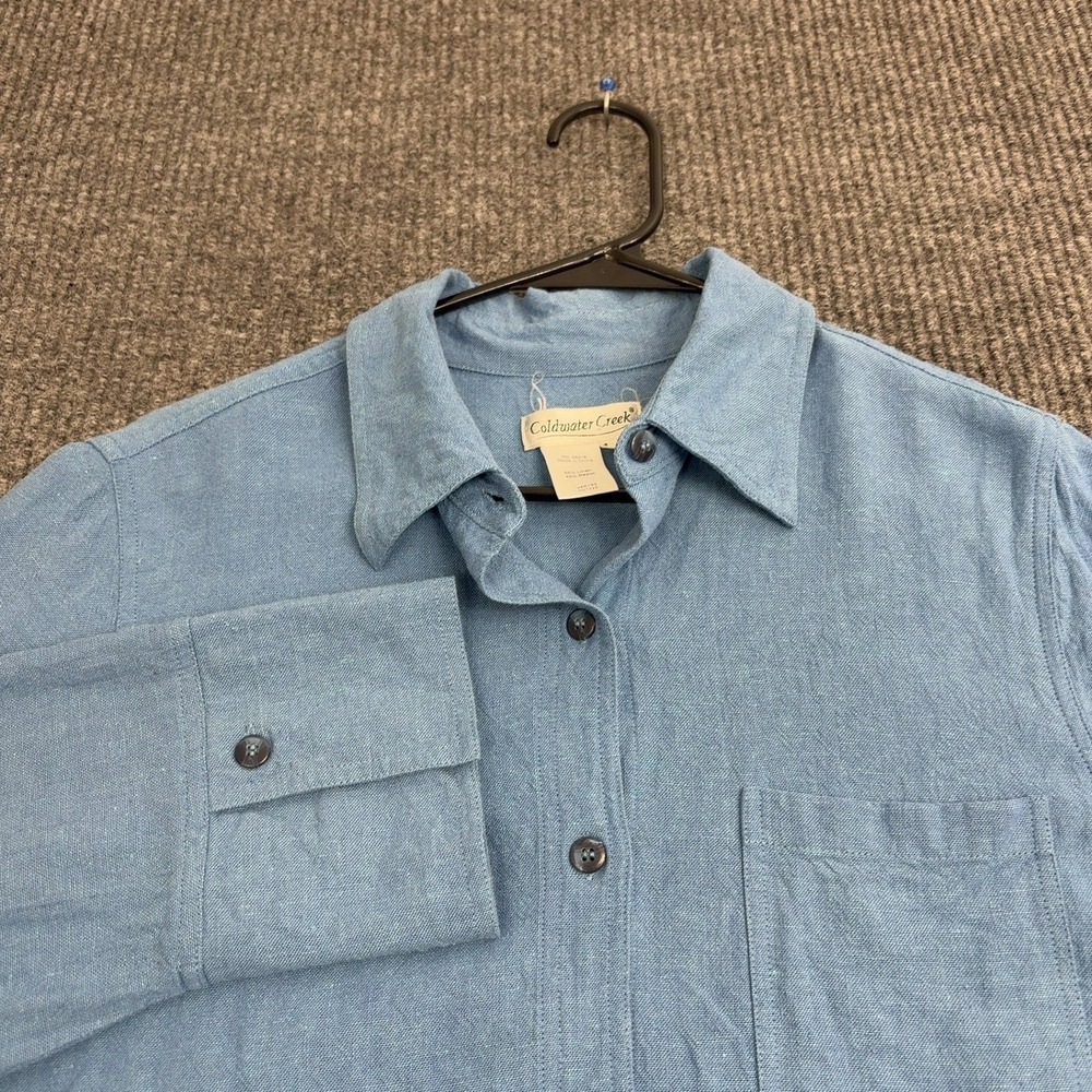 Coldwater Creek Button Up Shirt Womens M Blue Linen Rayon Pocket Casual Style